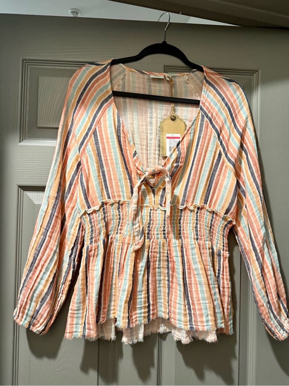 Striped Tie-Front Peasant Top in Peach Multicolor